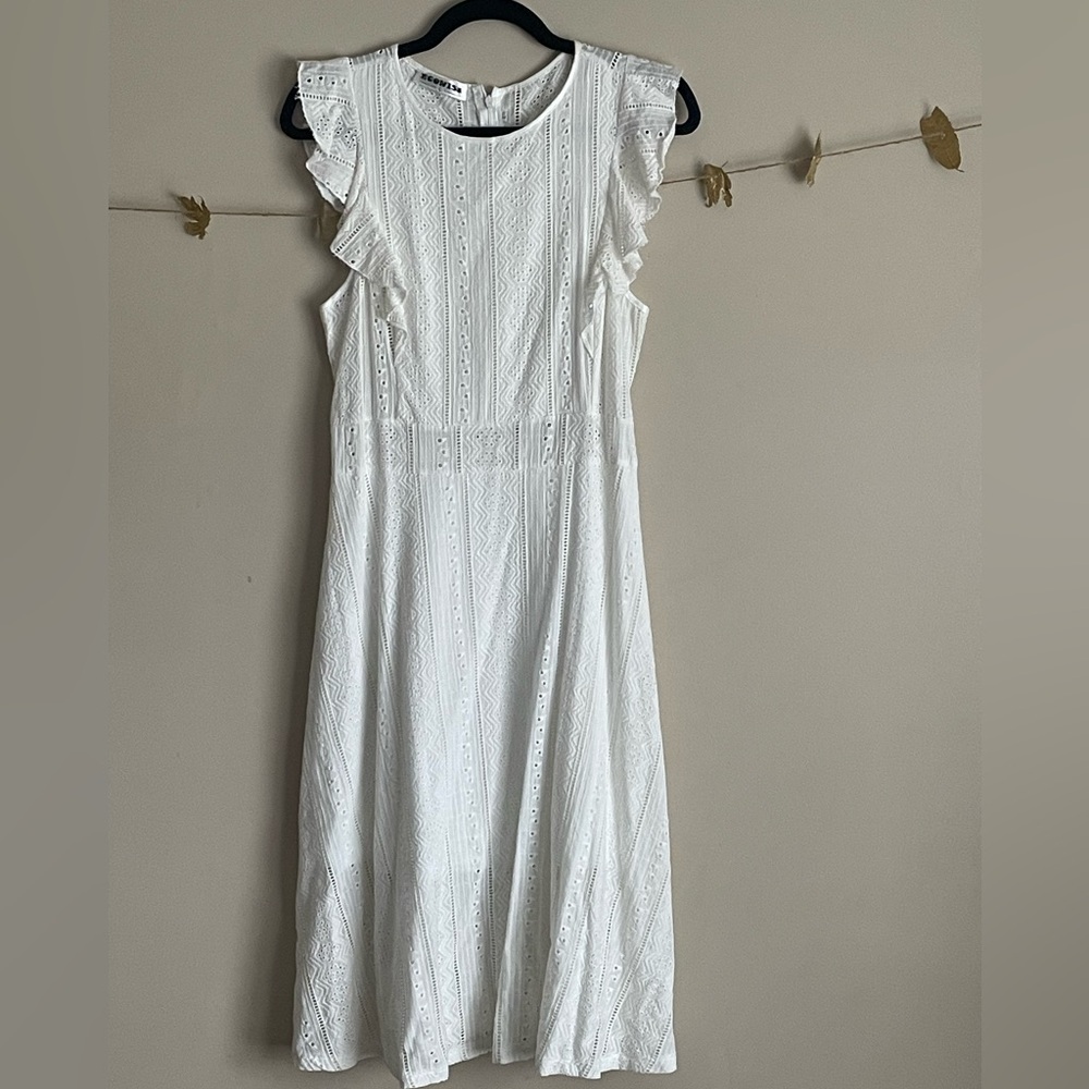 White Pointelle Sleeveless Flutter Sleeve Dress - Picture 2 of 6